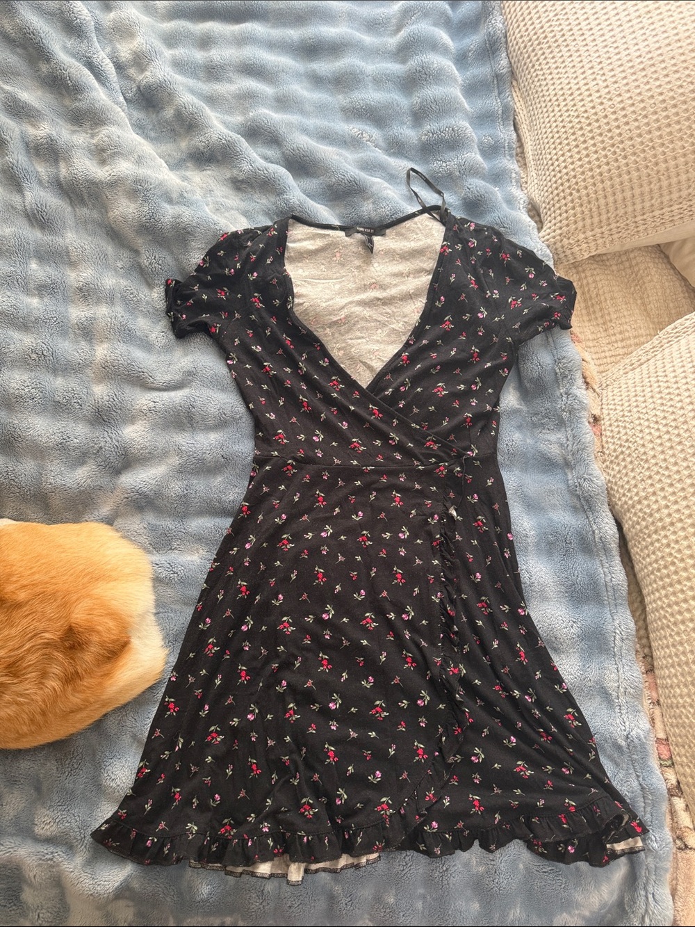 Forever 21 Black Floral Wrap Mini Dress with Pink Accents